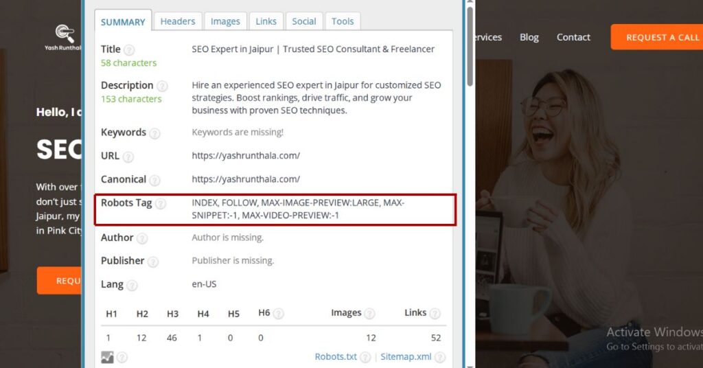 how to check robots tag