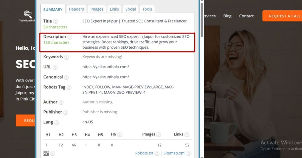 how to check website meta description